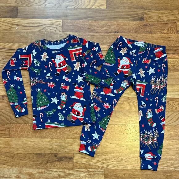 Books to Bed Kids Toddler 3 Cotton Blue Santa Holiday Christmas Pajama Set - Picture 1 of 9